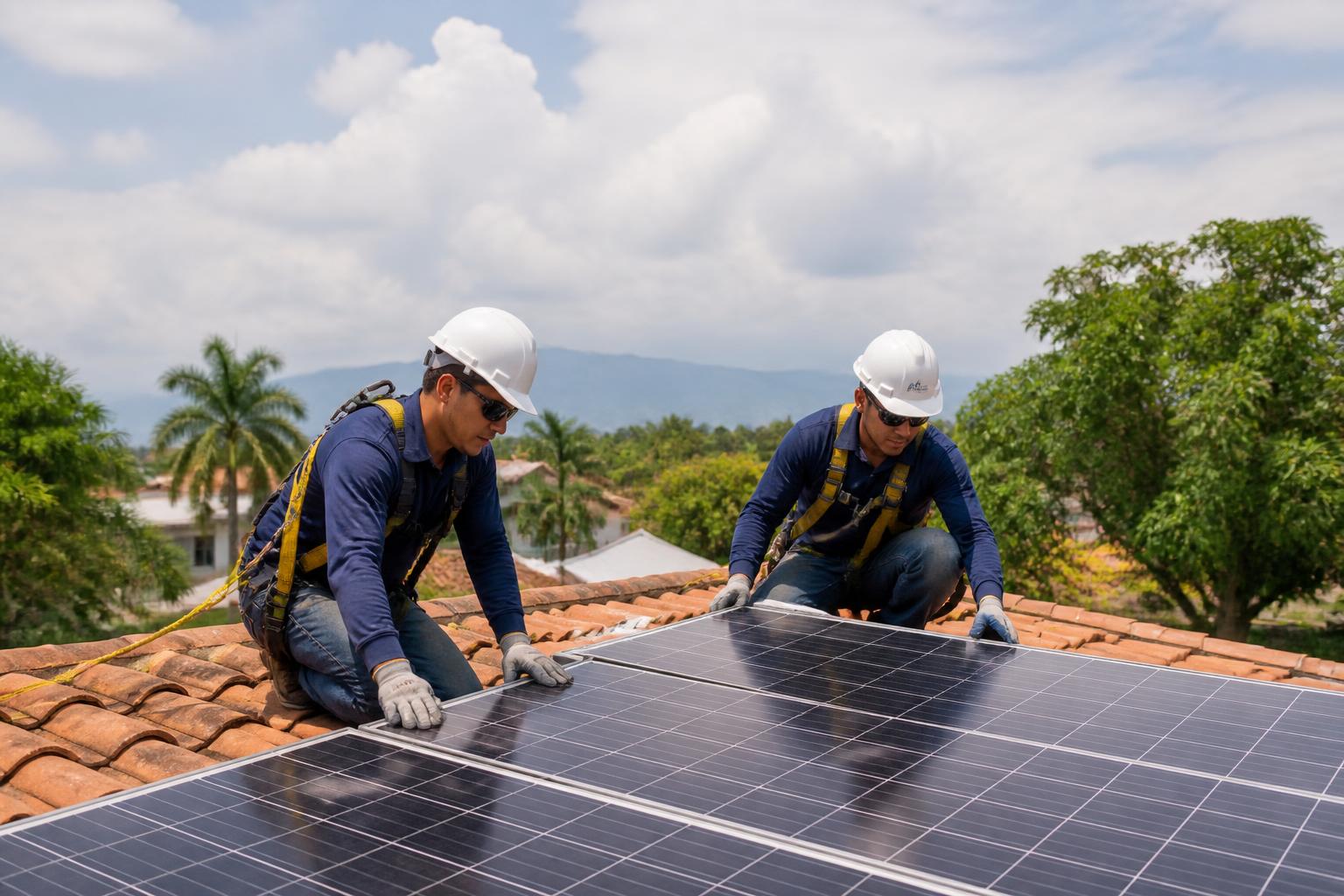 Técnico instalando paneles solares en un techo